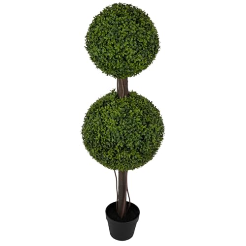 4' UV-Proof Outdoor Artificial English Boxwood Double Ball-Shaped Artificial Topiary Tree w/Pot -2 Tone Green