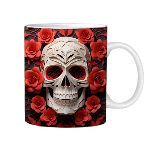 Floral Painted Skull Cup - 350ml Skull Coffee Cup with,Portable Skull Coffee Mug with Bright Colors, Novelty Ceramic Tea Cup for Coffee Tea