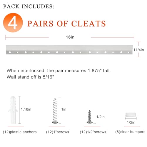 Image of French Cleat Hanger 16 Inch - 4 Pairs, Z Bar Hanger Supports 60 Lbs, Interlocking Wall Mounting Bracket Hardware Kit for Hanging Mirrors, Picture, Shelf, Whiteboard, Art, Frames