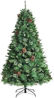 COSTWAY 6FT Artificial Christmas Tree, Premium Hinged Full Tree with Red Berries, Pine Cones and Folding Metal Stand, Xmas Trees for Indoor Outdoor Decor