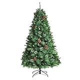 Goplus 6FT Artificial Christmas Tree, Unlit Premium Hinged Xmas Pine Tree with PVC Branch Tips, Pine Needles, Red Berries, Pine Cones & Folding Metal Stand, Perfect for Home, Party, Holiday Decoration