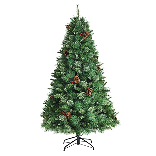 Goplus 6FT Artificial Christmas Tree, Unlit Premium Hinged Xmas Pine Tree with PVC Branch Tips, Pine Needles, Red Berries, Pine Cones & Folding Metal Stand, Perfect for Home, Party, Holiday Decoration