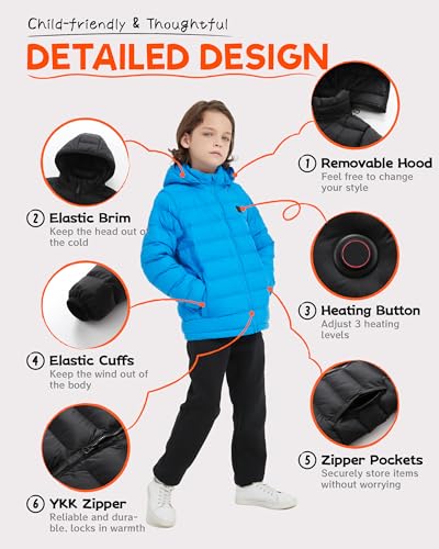 Image of HEWINZE Kids Heated Jacket,Lightweight Water-Resistant Hooded Puffer Heated Coat for child with 5V Battery Pack(Unisex)
