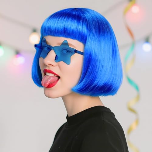 Image of ANOGOL Royal Blue Bob Wig with Bangs Navy Blue Wigs for Women Colored Wigs | Hair Cap+Sunglasses Short Neon Wig for Bachelorette Party Funny Outfit for Women Halloween Costume Night Club Crazy Hair Day
