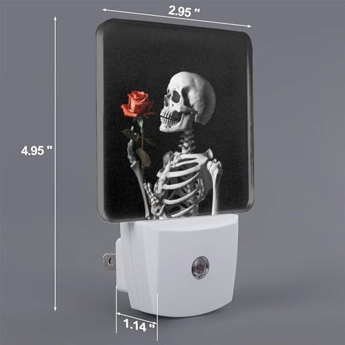 Image of Skull Skeleton Red Rose Night Light Set of 2, Rock and Roll Auto Sensor LED Dusk-to-Dawn Nightlights, Plug-in Sensor Lamp for Bedroom Bathroom Kitchen Hallway Stairs Decorative