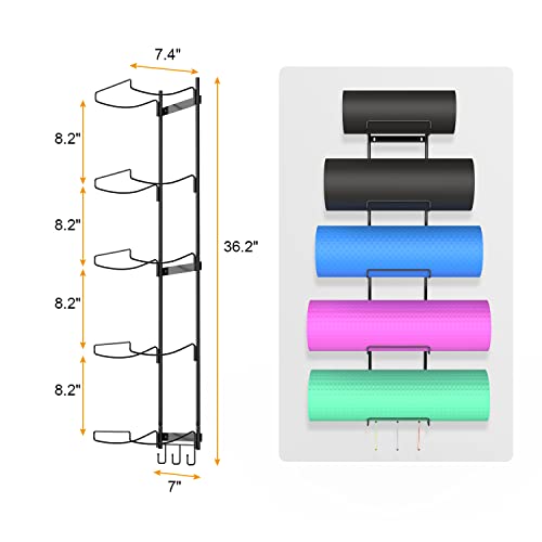 SafBbcue Wall Mount Yoga Mat Holder Home Gym Accessories Foam Roller, Blocks and Bars Organizer with 3 Hooks for Holds Yoga Strap, Resistance Bands or Towels, 5-Sectional - Thumbnail 2