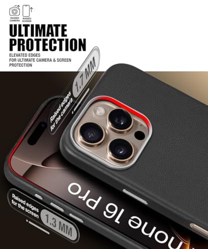 Image of WOW IMAGINE Back Cover for iPhone 16 Pro | Shockproof Tough Leather Texture Hard Mobile Case | Ultra Slim Non-Slip Grip | Inner Velvet Fabric | Metal Camera Ring - Black
