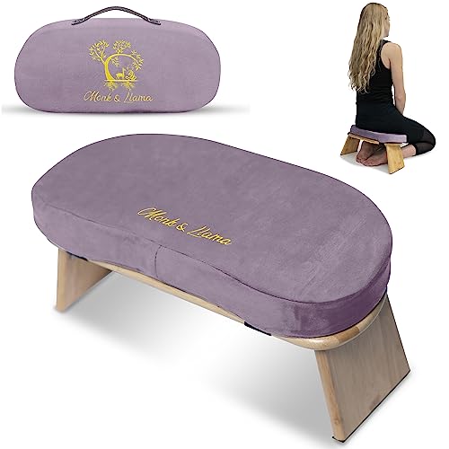 Monk & Llama Meditation Bench – Kneeling Bamboo Bench with Foldable Legs & Cushion — Perfect Kneeling Stool Ergonomic Bamboo Yoga Bench for Extended Practice – Includes Carrying Bag