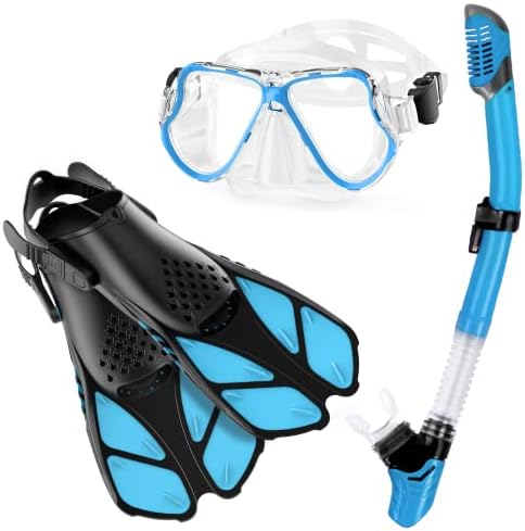 Zenoplige Mask Fins Snorkel Set Adults Snorkeling Gear, Snorkel Mask 180 Panoramic View Anti-Fog Anti-Leak Dry Top Snorkel and Dive Flippers Kit with Travel Bag for Swimming Scuba Diving Men Women