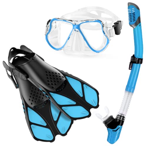 Zenoplige Mask Fins Snorkel Set Adults Snorkeling Gear, Snorkel Mask 180 Panoramic View Anti-Fog Anti-Leak Dry Top Snorkel And Dive Flippers Kit With Travel Bag For Swimming Scuba Diving Men Women #TOP2