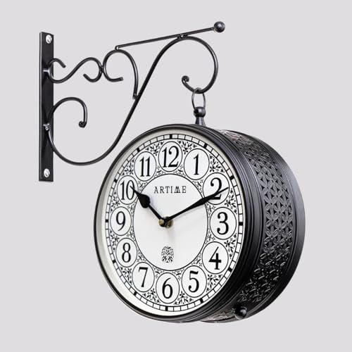 Image of Handcrafted Double Side Metal Analog Vintage Wall Clock | 1.5 Year Machine Warranty | 12 INCHES | 1 Side Number 1 Side Roman,Color Black