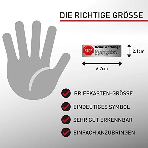 5 x Keine Werbung Aufkleber für Briefkasten (6,7 x 2,1 cm klein) - Keine kostenlosen Zeitungen und Reklame einwerfen - Briefkastenaufkleber - Selbstklebend - Edelstahl Optik