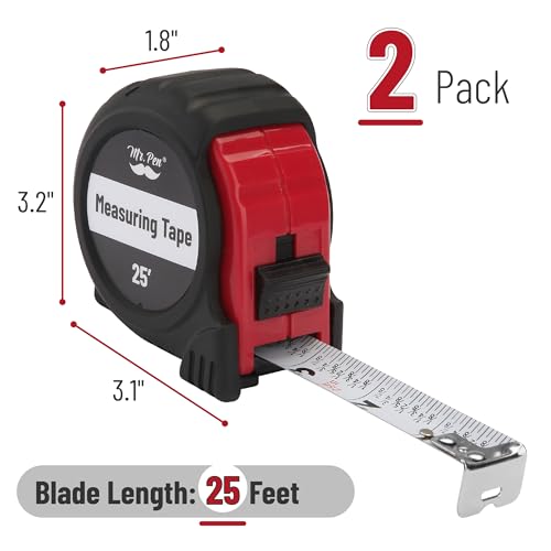 Image of Mr. Pen- Retractable Tape Measure 25 ft, 2 Pack, Red, Steel Retractable Measuring Tape with Fractions