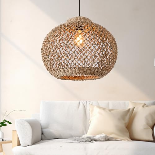 Suspension rotin rustique ronde avec son cordon noir réglable