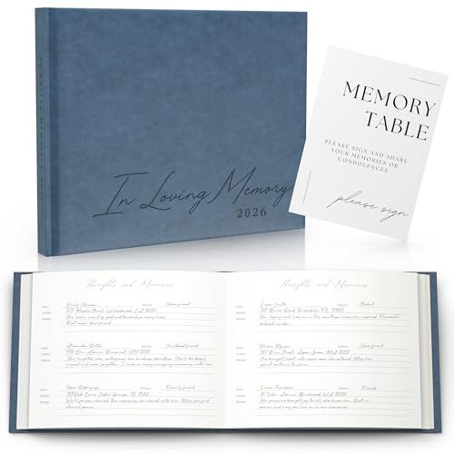 Funeral Guest Book for 2026 Celebration Of Life Memorial Service - Leather Memory Book for Funeral Guests to Sign In with Condolence Memory Table Sign & Back Pocket - Blue Guestbook
