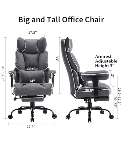 Image of Efomao Fabric Office Chair, Big and Tall Office Chair 400 lb Weight Capacity, High Back Executive Office Chair with Foot Rest, Ergonomic Office Chair for Back Pain Relief, Gray