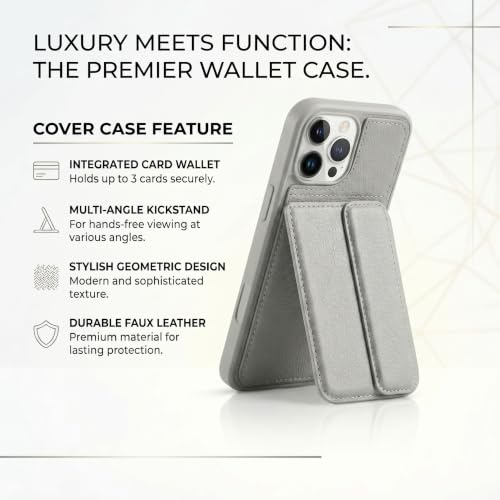 Image of amazon basics Luxury Vegan Leather Back Cover for iPhone 16 Pro Max | Built-in Card Holder Slot | Integrated Mobile Stand | Slim Shockproof Protective Case with Stitched Finish - Gray