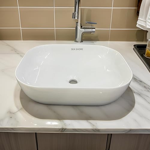 Image of SEA SHORE Wash Basin for Bathroom - Tabletop Ceramic Glossy Countertop Vessel Sink | Modern Designer Basin for Bathroom, Dining Hall & Vanity | 18 x 13 x 5.5 Inch (Dogra White)