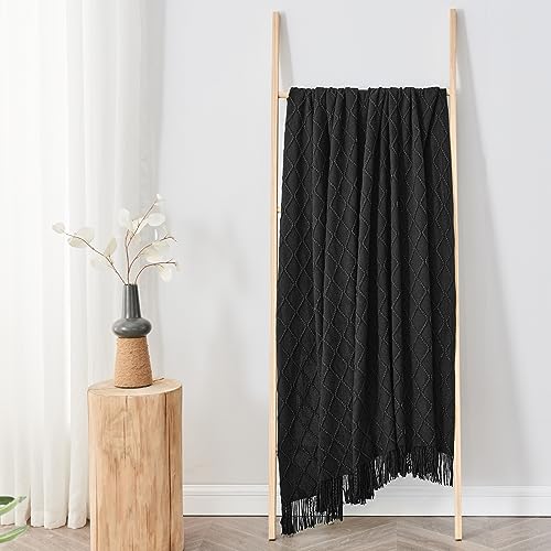 inhand Knitted Throw Blankets for Couch and Bed, Soft Cozy Knit Blanket with Tassel, Black Lightweight Decorative Blankets and Throws, Farmhouse Warm Woven Blanket for Men and Women, 50"x60"