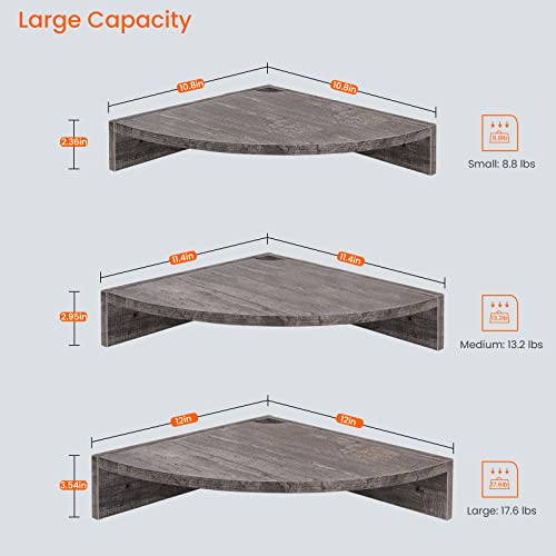 Homode Corner Floating Shelves, Set Of 3 Corner Wall Shelves For Storage And Display, 3 Tier Wood Hanging Shelf Organizer For Cable Box, For Bedroom, Bathroom, Kitchen, Rustic Grey #TOP1