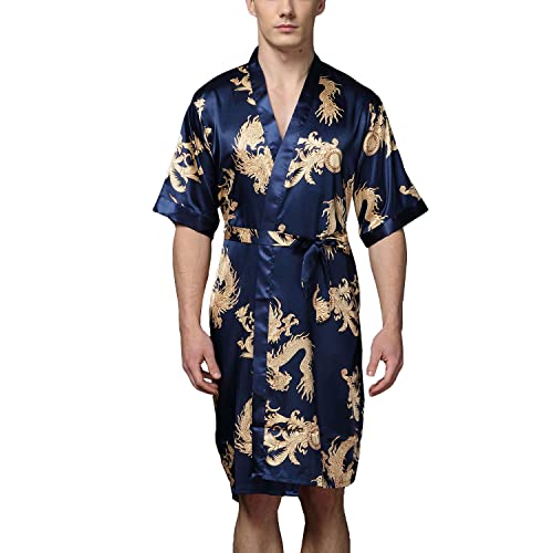Lu's Chic Men's Satin Kimono Robe Silk Bathrobe Loungewear Spa Long Sleeve Pockets Sleepwear Blue US L (Tag2XL)