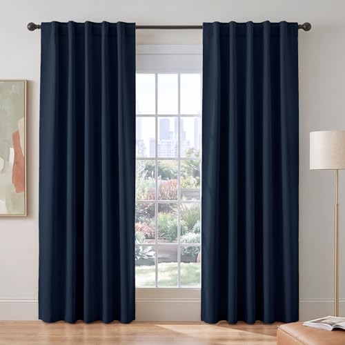 PONY DANCE Navy Blue Blackout Curtains 90 inch Length 2 Panels Set, Thermal Insulated Back Tab Room Darkening Window Drapes for Boys Bedroom, Light Blocking Curtains for Living Room, W 42 x L 90 inch