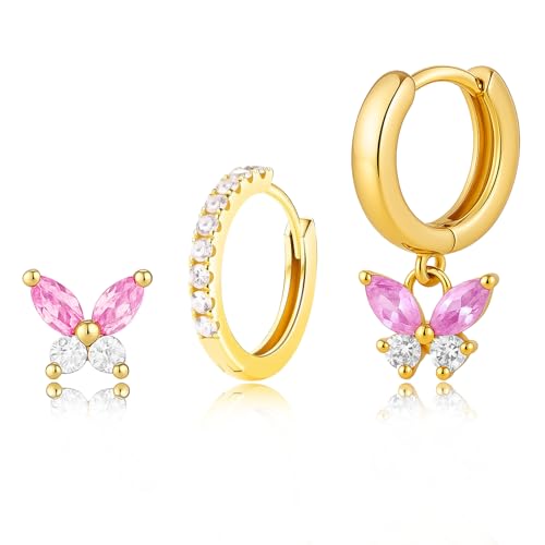 3pcs elegant and stylish golden butterfly-shaped pink zirconia stud earrings for women。Surgical Steel Drop Dangle Small Huggie Hoop Earrings Set 14K Gold Plated Hypoallergenic CZ Stud Earrings for Women Waterproof and Non Tarnish Rectangle