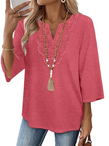 Image of WIHOLL 3 /4 Length Sleeve Womens Tops Boho V Neck Lace Shirt Trendy Blouses Dressy Casual Vacation Clothes S-3XL