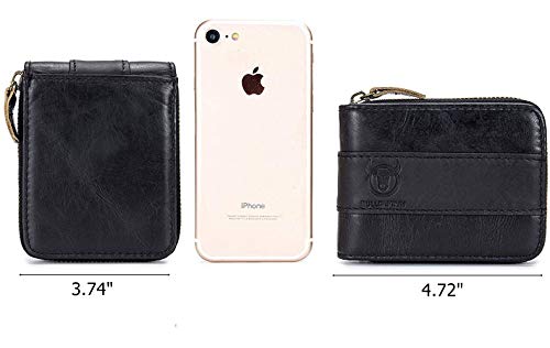 Image of BULLCAPTAIN Mens Leather Wallet Zipper RFID Blocking Wallets Coins Purse (Black)