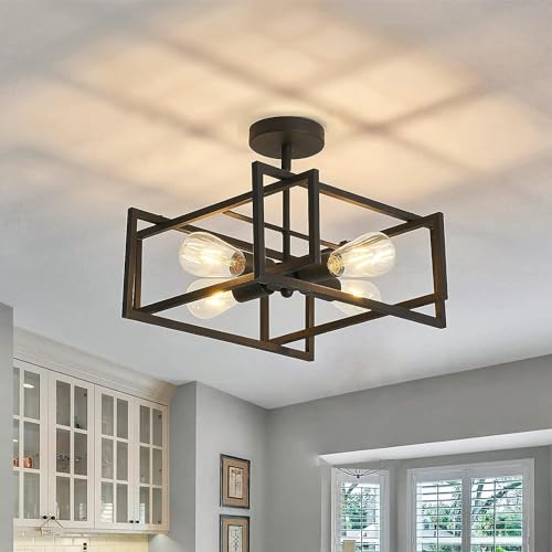 Plafonnier industriel noir à 4 lumières luminaire de plafond rustique en métal