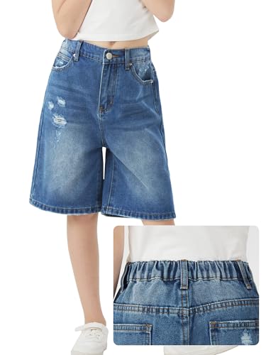 Image of Girls Shorts Elastic Waist Jorts Denim Jean Shorts Ripped Knee Length Bermuda Shorts for Kids Teen Girls Summer