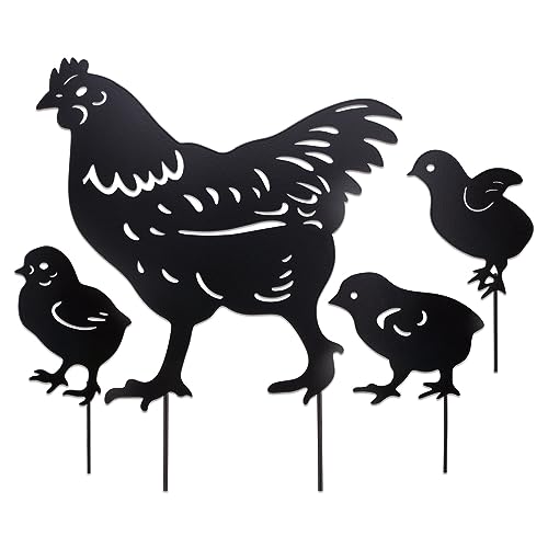 Comidox 4Pcs Metal Chicken Garden Decorative Statues Distinct Hen and Chicks Silhouette Design,Black Hollow-Cut Yard Art, Perfect Decor for Lawns Yard Gardens
