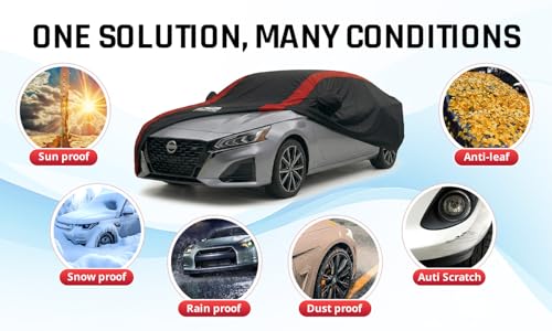 Image of Altima Car Cover Waterproof All Weather with Red Strip Design, Custom Fit for Nissan Altima 2002-2025, Altima Accessory with Door Zipper & Windproof Straps