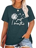 Binshre Womens Plus Size Tops Dandelion Just Breath Letter Graphic T Shirts Summer Flower Print Short Sleeve...