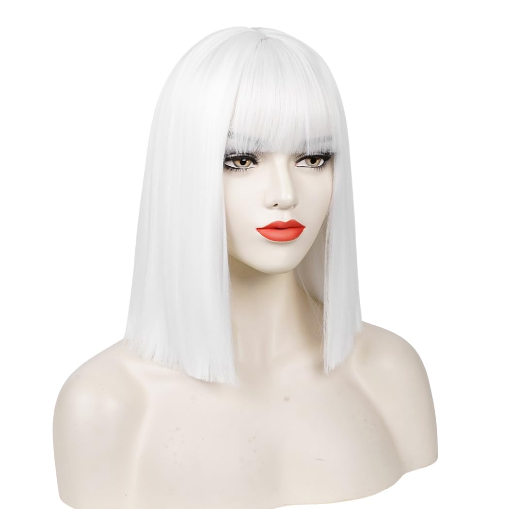 Short White Bob Wig with Bang, Short Straight White Wig, White Synthetic Bob Wig for Women, Daily and Cosplay