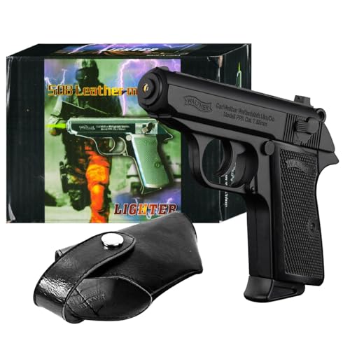 Image of 508 Lighter with Safety Lock Heavy Metal Made Black Color Gun Shape Gas Lighter with PU Holster | Dummy Gun Jet Flame Butane Refillable Lighter