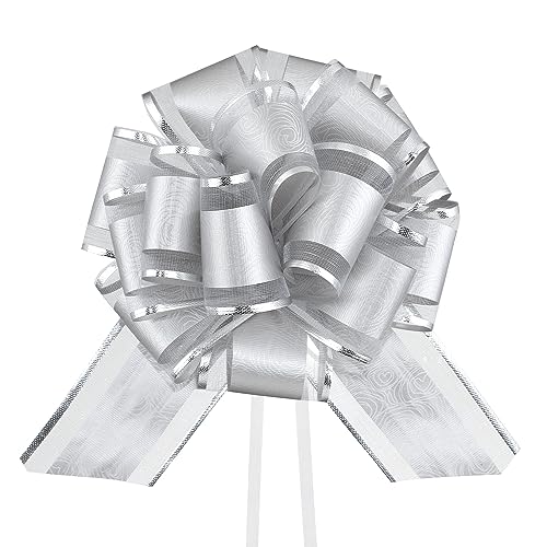 HSXJJ 6 Pieces Silver Pull Bow for Gift Wrapping 6 Inches Wedding Ribbon Bowsfor Presents Package Gift Baskets Christmas Wedding and Party Decor (Silver)