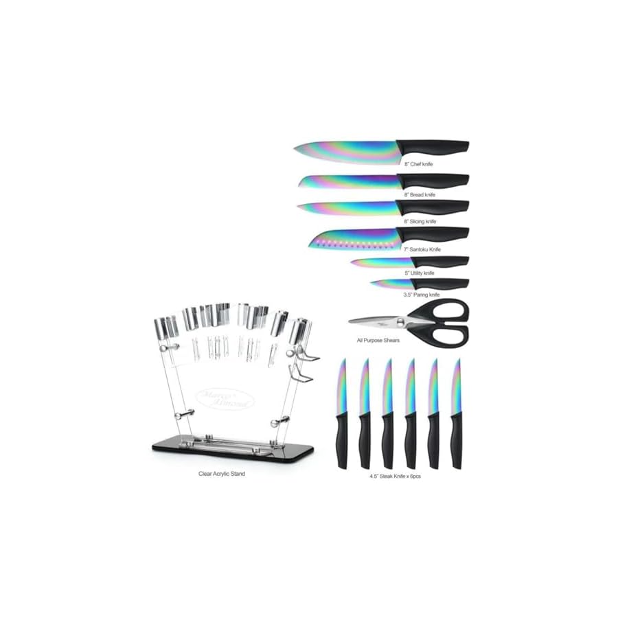 Marco-Almond-Knife-Block-Set14-Piece-Rainbow-Color-Stainless-Steel-Knife-Sets-for-Kitchen-with-block-KYA35-Chef-Cooking-Knives-Set-with-Acrylic-Stand Marco Almond® Knife Block Set,14-Piece Rainbow Color Stainless Steel Knife Sets for Kitchen with block, KYA35 Chef Cooking Knives Set with Acrylic Stand