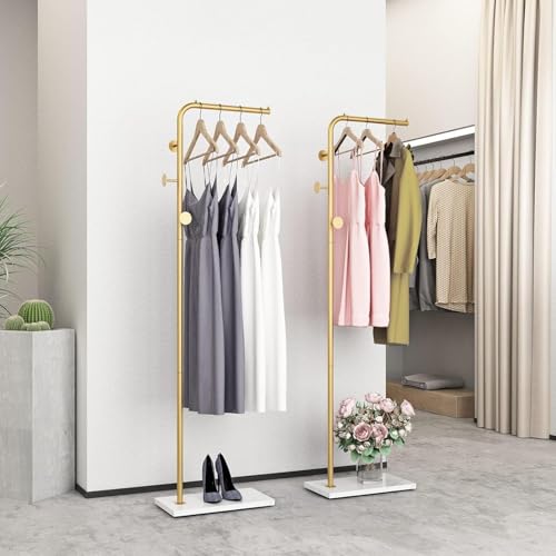 حامل معاطف معدني قائم بذاته مقاس 170 سم مع 3 خطافات وقاعدة ثقيلة من الرخام الطبيعي، حامل ملابس وقبعة لغرفة النوم/الرواق/المدخل/غرفة المعيشة (ذهبي + ابيض)