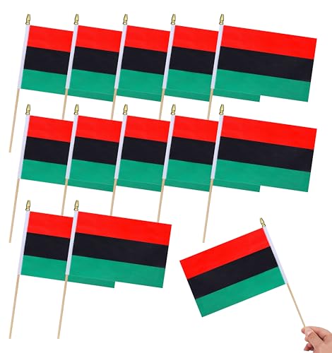 HSQCEZ 12Pcs Small Afro American Flags on Wooden Stick Mini Black Liberation Flag Hand Held Flag Decorations,5x8 Inch