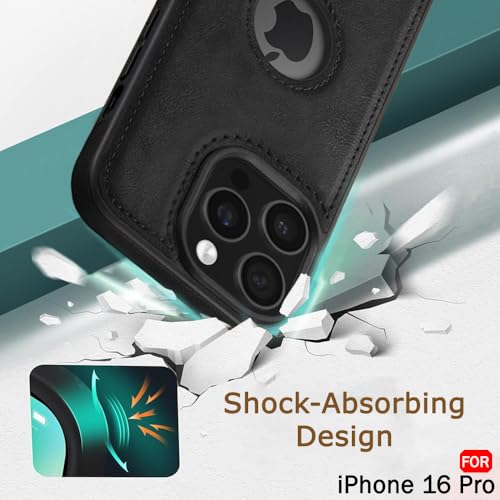 Image of TheGiftKart Genuine Leather Finish Back Cover Case for iPhone 16 Pro | Shockproof Design | Raised Edges for Camera & Screen Protection | Stunning Minimalist Design Case Cover (Black Sides, Black)