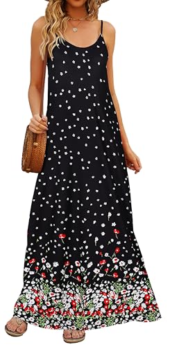 Image of Supnier Women's Summer Maxi Dress Casual V-Neck Sleeveless Bohemian Spaghetti Strap Floral Long Maxi Dress with Pockets