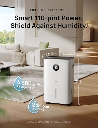 Image of DREO 110-Pint Smart Dehumidifier for Basement, 4500 Ft for Large Room, 2 Gallon Water Tank, Auto /Comfort /Constant Mode Dehumidifiers for Home, Bedroom, Bathroom, with Drain Hose, Black, 711S
