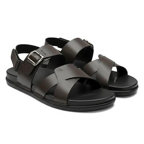 Image of Men's Premium Leather Toe Loop Slippers | Adjustable Buckle Slip-On Flats | Comfortable Cushioned Footbed | Casual Summer Beach Walking Slippers | Brown
