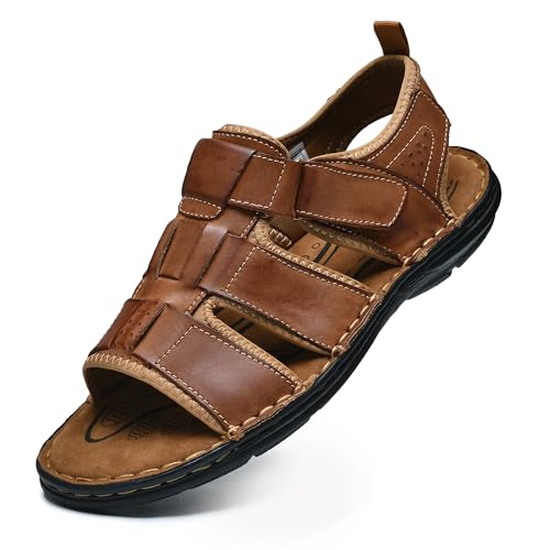 Image of ArcBrothers Men's Premium Leather Sandals - Classic Roman Style Open Toe Sandals - Cushioned Heel, Non-Slip & Sturdy Support