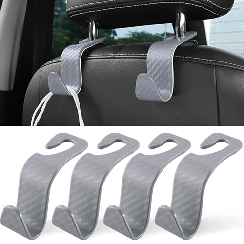Image of LivTee Car Purse Hook, 4 Pack Universal Auto Seat Headrest Hook Hangers Organizer for Coats, Umbrellas, Groceries - Carbon Fiber Gray