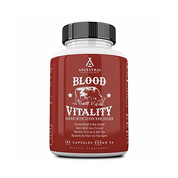 Ancestral-Supplements-Blood-Vitality-w-Blood-Liver-Spleen--Supports-Life-Blood-Bioavailable-Heme-Iron-Energy-and-Exercise-Performance Ancestral Supplements Blood Vitality is Blood, Liver & Spleen Formula, 500mg, Grass Fed Beef Supplement, Red & White Blood Cell Formation, Immune and Heart Health Support, Non GMO, 160 Capsules