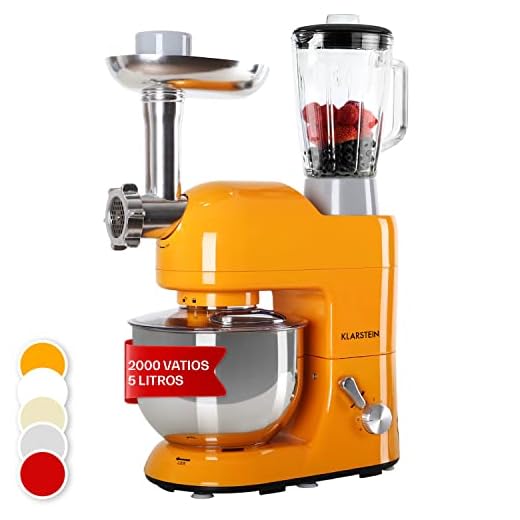 Klarstein Lucia Orangina - Robot de Cocina Universal, Batidora, Amasadora, 1200 W, 5 L, Batido planetario, Picadora, Cabezal para Pasta, Recipiente de Acero Inoxidable, Naranja