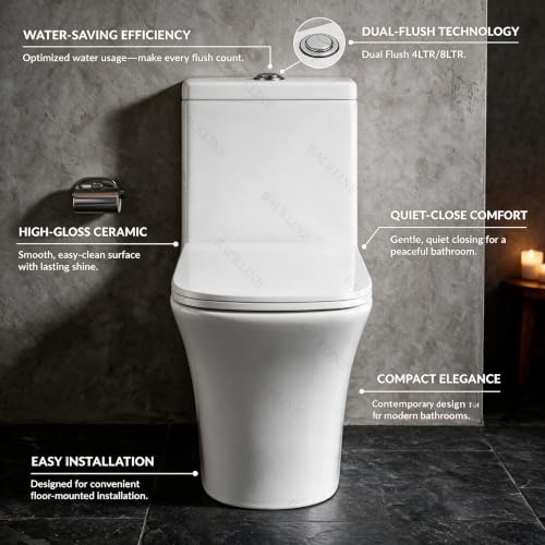Image of Backline Rimless Commode Toilet | One Piece Floor Mount Western Toilet For Bathroom With Soft Close Seat Cover - S Trap 9 inch Outlet Is From Floor (White) (10 Years Color Warranty)