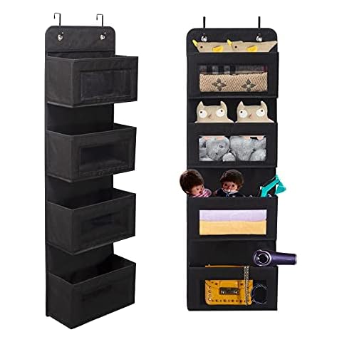 BrilliantJo Hängeregal an die Tür, Soft Fabric Hängeorganizer 4 Großen Taschen mit klarem Fenster, faltbares Hängeaufbewahrung mit 2 Haken für Tür Bad Kinderzimmer Wohnzimmer Schlafzimmer, Schwarz Cover